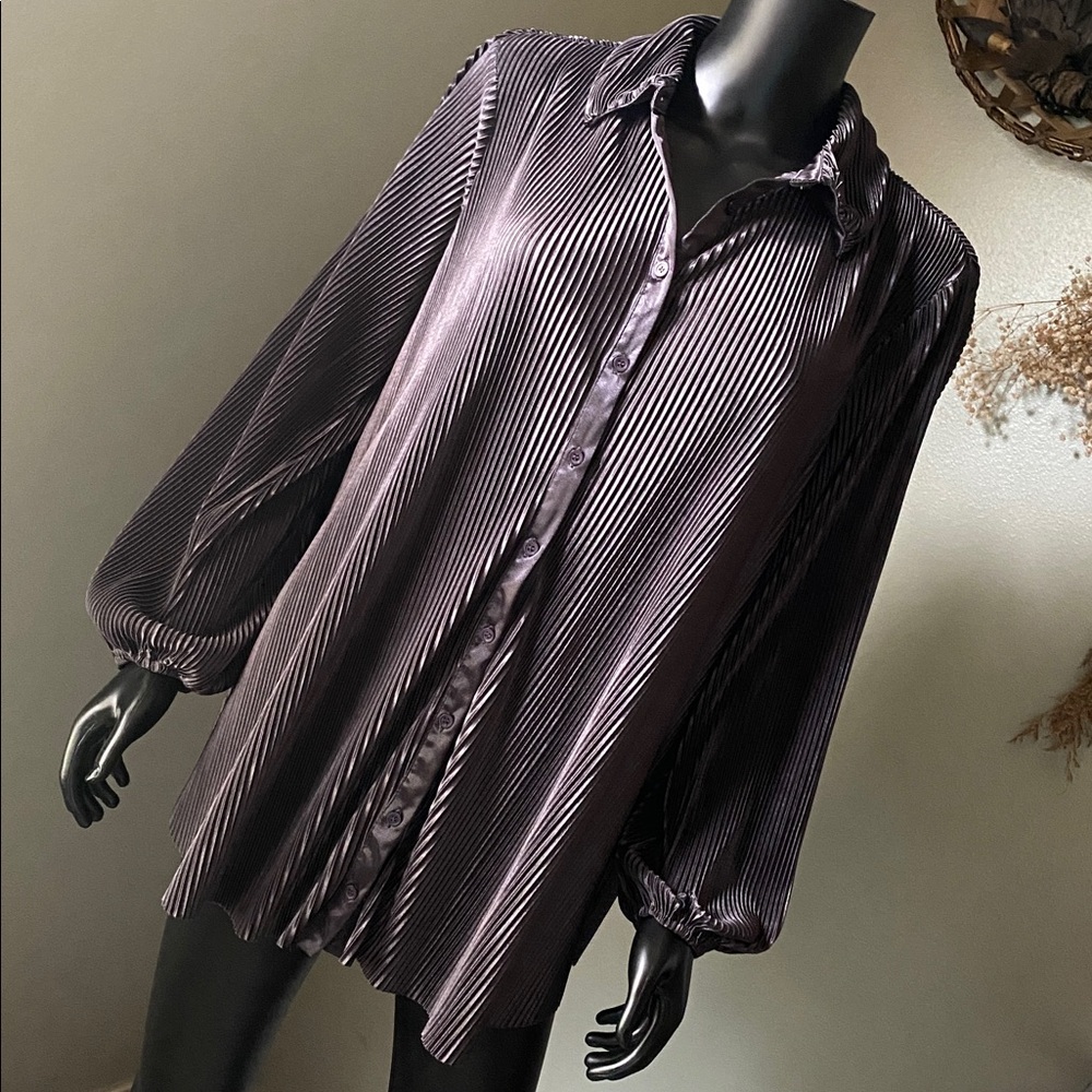 Ro & De Metallic Gun Metal Gray Oversized Pleated Top